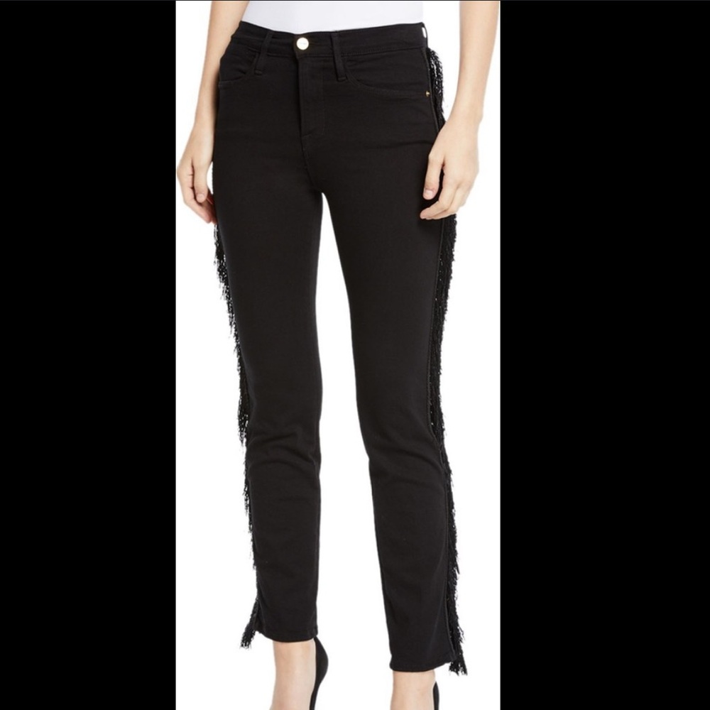 FRAME Denim Le High Straight Black Jeans with Side Fringe
